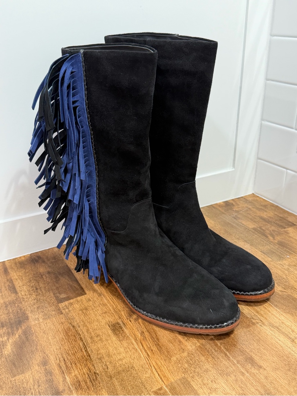 Via Spiga Black Suede Knee-High Boots with Blue Fringe- video in listing
